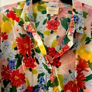 Sezane Floral Button Down Shirt - Red, Blue, Yellow, Green
